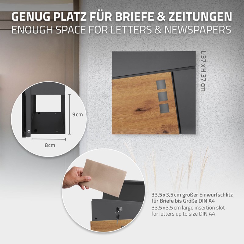 Standbriefkasten mit Zeitungsfach 37x36,5x11 cm Anthrazit/Holzoptik aus Stahl ML-Design, Modernes Asymetrisches Design, Standhöhe 120cm Silber Doppelfuß