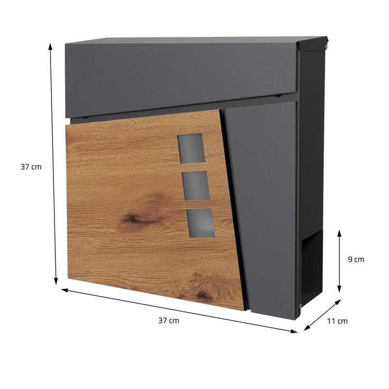 Standbriefkasten mit Zeitungsfach 37x36,5x11 cm Anthrazit/Holzoptik aus Stahl ML-Design, Modernes Asymetrisches Design, Standhöhe 120cm Silber Doppelfuß
