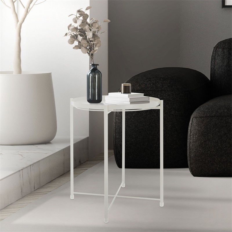 Beistelltisch rund Ø42x52 cm Weiß aus Metall mit Tablett ML-Design Beistelltisch rund Ø42x52 cm Weiß aus Metall mit Tablett ML-Design