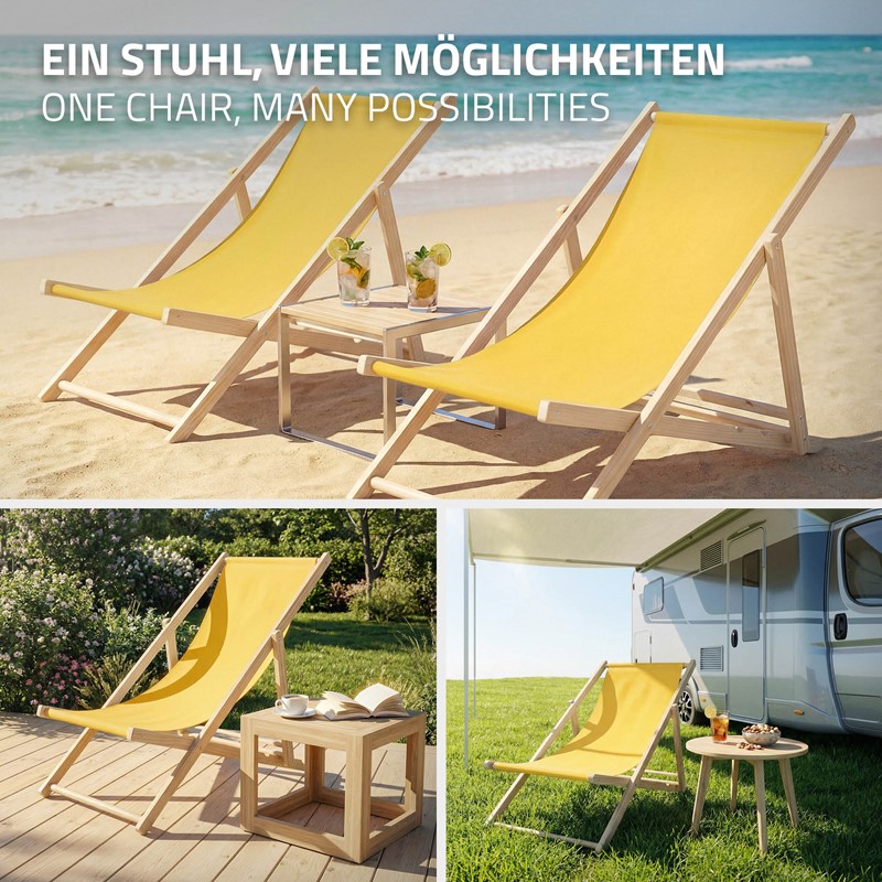 Liegestuhl klappbar Gelb Holz verstellbare Rückenlehne bis 120 kg Sonnenliege Gartenliege Strandliege
