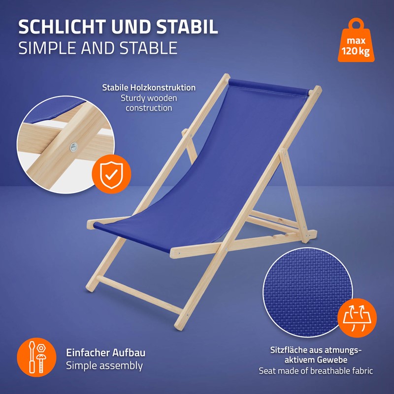 Liegestuhl klappbar Dunkelblau Holz verstellbare Rückenlehne bis 120 kg Sonnenliege Gartenliege Strandliege