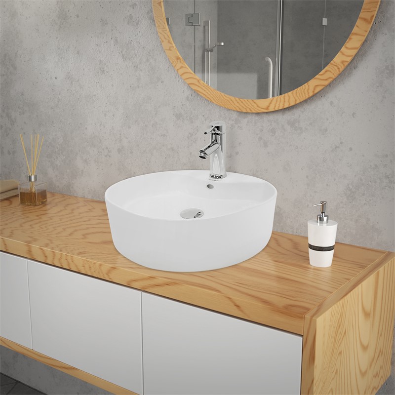 Waschbecken inkl. Ablaufgarnitur Weiß mit Überlauf Ø 46x15,5 cm Weiß aus Keramik LuxeBath