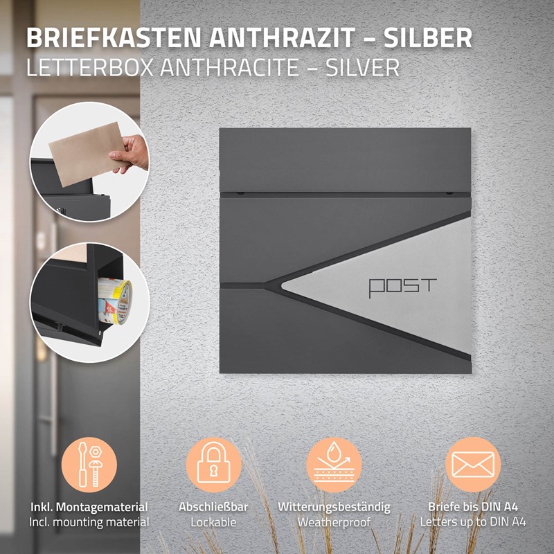 Standbriefkasten mit Zeitungsfach 37x37x11 cm Anthrazit/Silber aus Edelstahl ML-Design