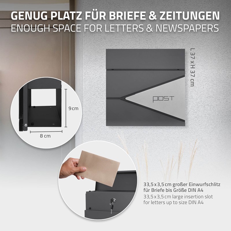 Standbriefkasten mit Zeitungsfach 37x37x11 cm Anthrazit/Silber aus Edelstahl ML-Design