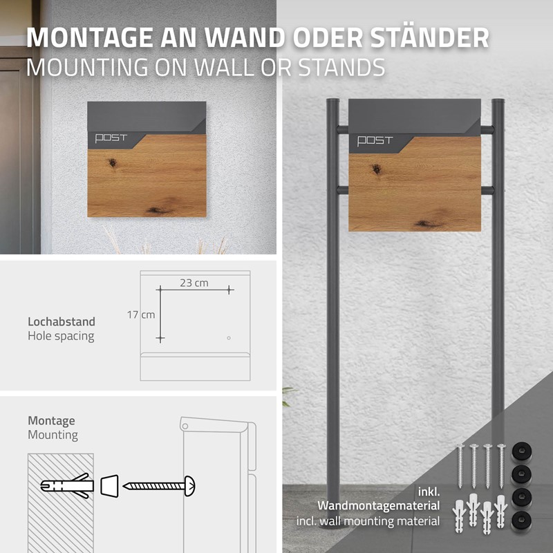 Standbriefkasten mit Zeitungsfach 37x37x11 cm Anthrazit/Holzoptik aus Edelstahl ML-Design