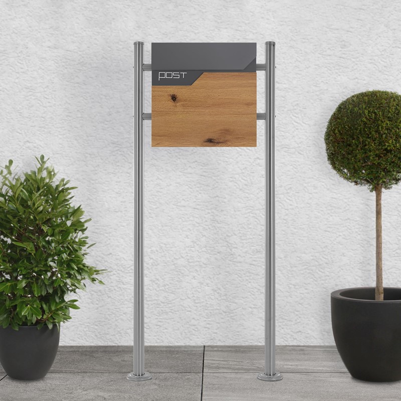 Standbriefkasten mit Zeitungsfach 37x37x11 cm Anthrazit/Holzoptik aus Edelstahl ML-Design