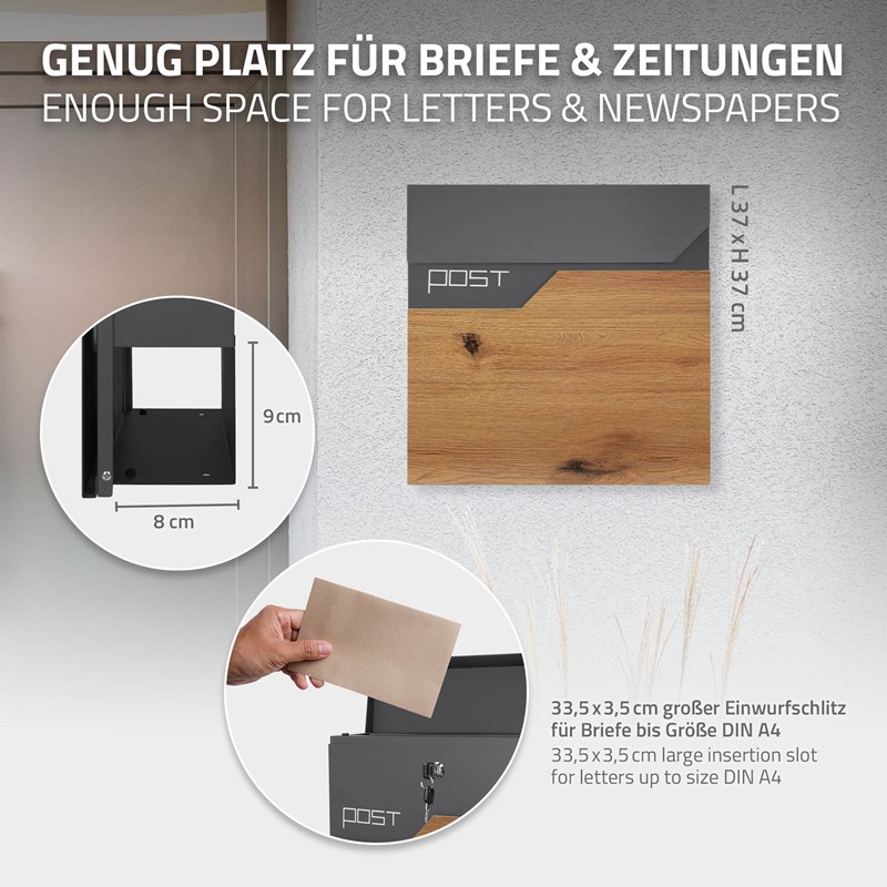 Standbriefkasten mit Zeitungsfach 37x37x11 cm Anthrazit/Holzoptik aus Edelstahl ML-Design