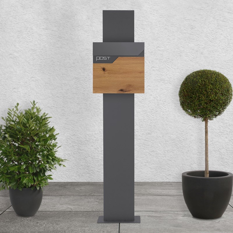 Standbriefkasten mit Zeitungsfach 37x37x11 cm Anthrazit/Holzoptik aus Edelstahl ML-Design