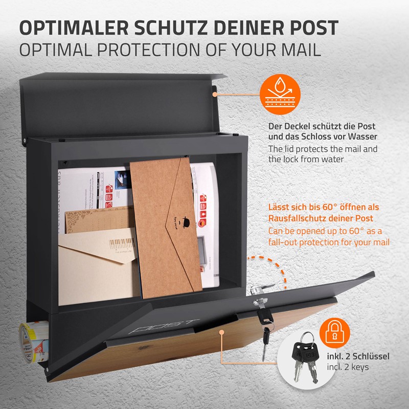 Standbriefkasten mit Zeitungsfach 37x37x11 cm Anthrazit/Holzoptik aus Edelstahl ML-Design