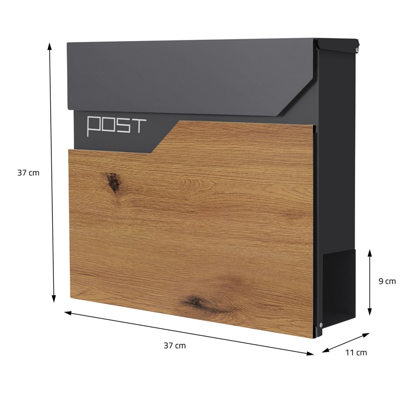 Standbriefkasten mit Zeitungsfach 37x37x11 cm Anthrazit/Holzoptik aus Edelstahl ML-Design