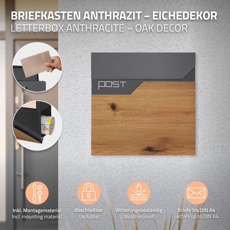 Standbriefkasten mit Zeitungsfach 37x37x11 cm Anthrazit/Holzoptik aus Edelstahl ML-Design