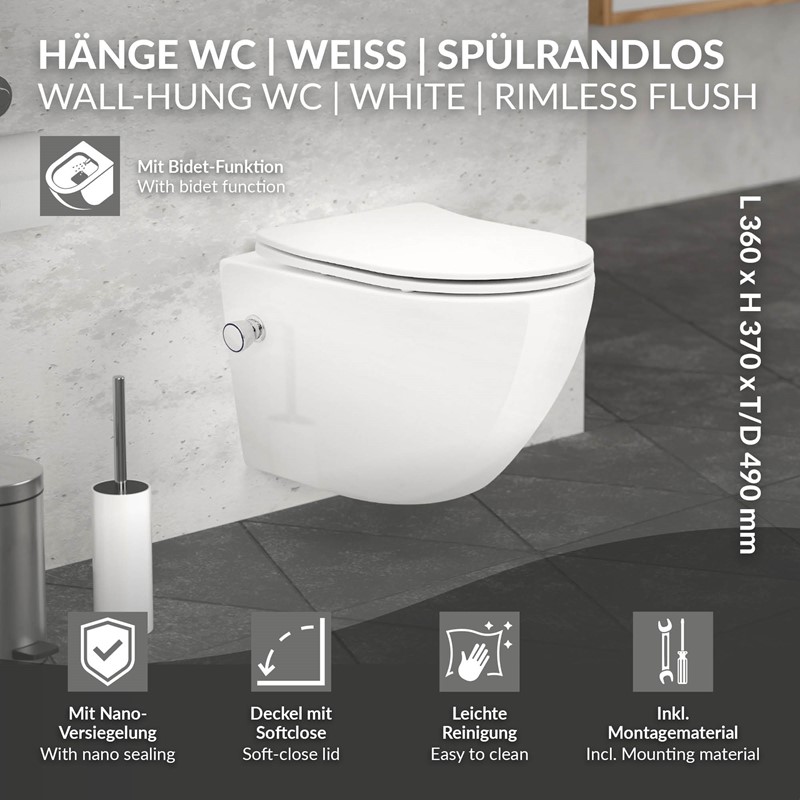 Wand-WC Hänge Toilette aus Keramik 49 cm lang Spülrandlos mit Bidet, Nanoversiegelung & Softclose Luxebath