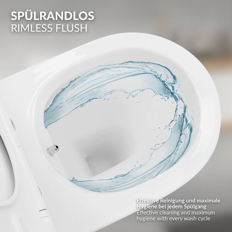 Wand-WC Hänge Toilette aus Keramik 49 cm lang Spülrandlos mit Bidet, Nanoversiegelung & Softclose Luxebath