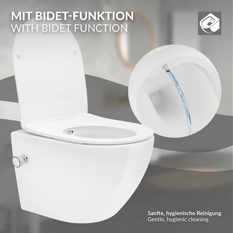 Wand-WC Hänge Toilette aus Keramik 49 cm lang Spülrandlos mit Bidet, Nanoversiegelung & Softclose Luxebath