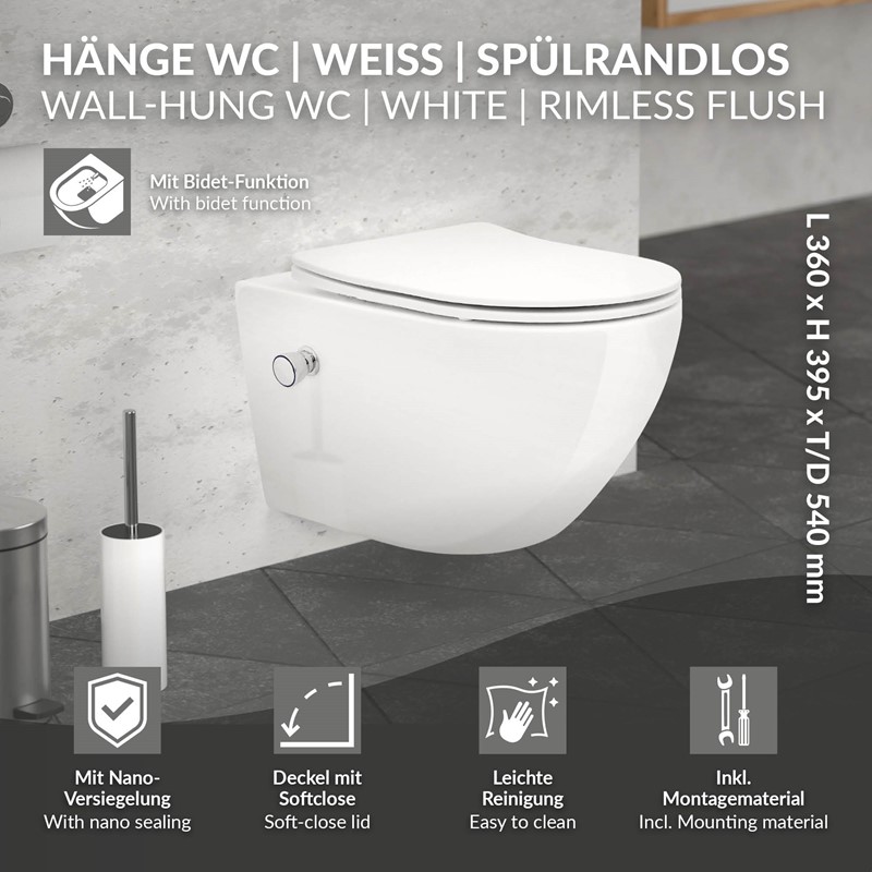 Wand-WC Hänge Toilette aus Keramik 54 cm lang Spülrandlos mit Bidet, Nanoversiegelung & Softclose Luxebath