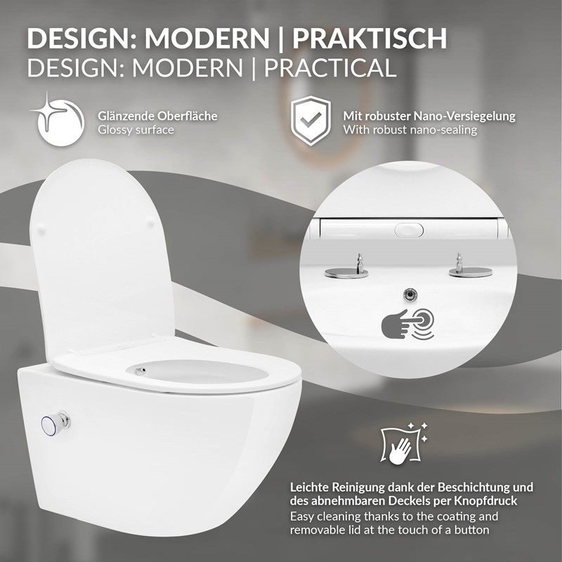 Wand-WC Hänge Toilette aus Keramik 54 cm lang Spülrandlos mit Bidet, Nanoversiegelung & Softclose Luxebath