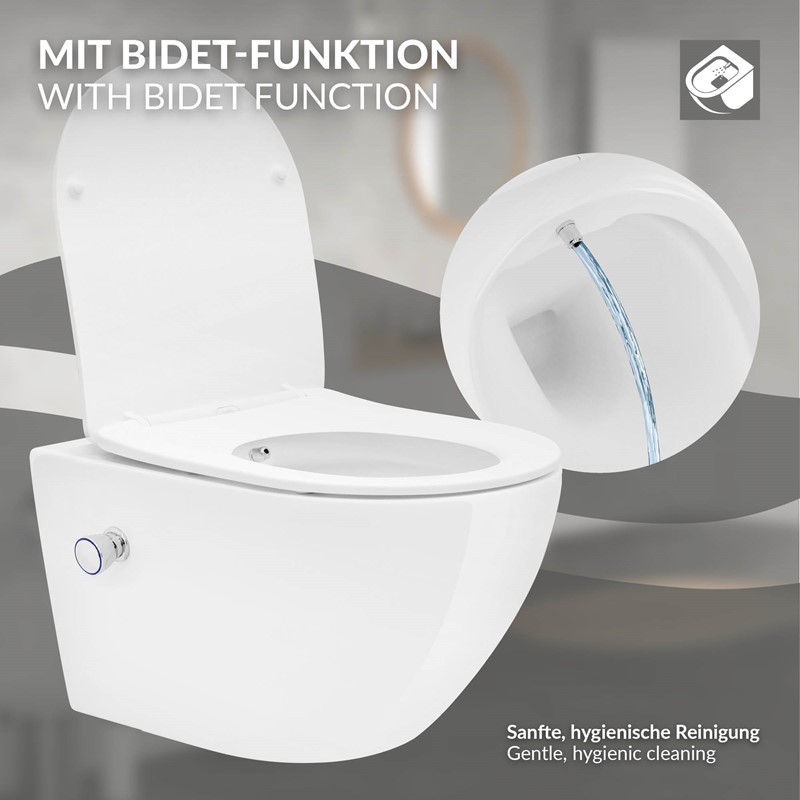 Wand-WC Hänge Toilette aus Keramik 54 cm lang Spülrandlos mit Bidet, Nanoversiegelung & Softclose Luxebath