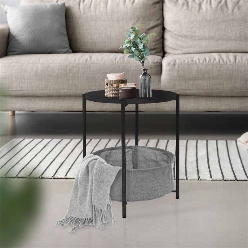 Beistelltisch rund Ø 46x51 cm Anthrazit aus Metall inkl. Tablett und Stoffkorb ML-Design Beistelltisch rund Ø 46x51 cm Anthrazit aus Metall inkl. Tablett und Stoffkorb ML-Design