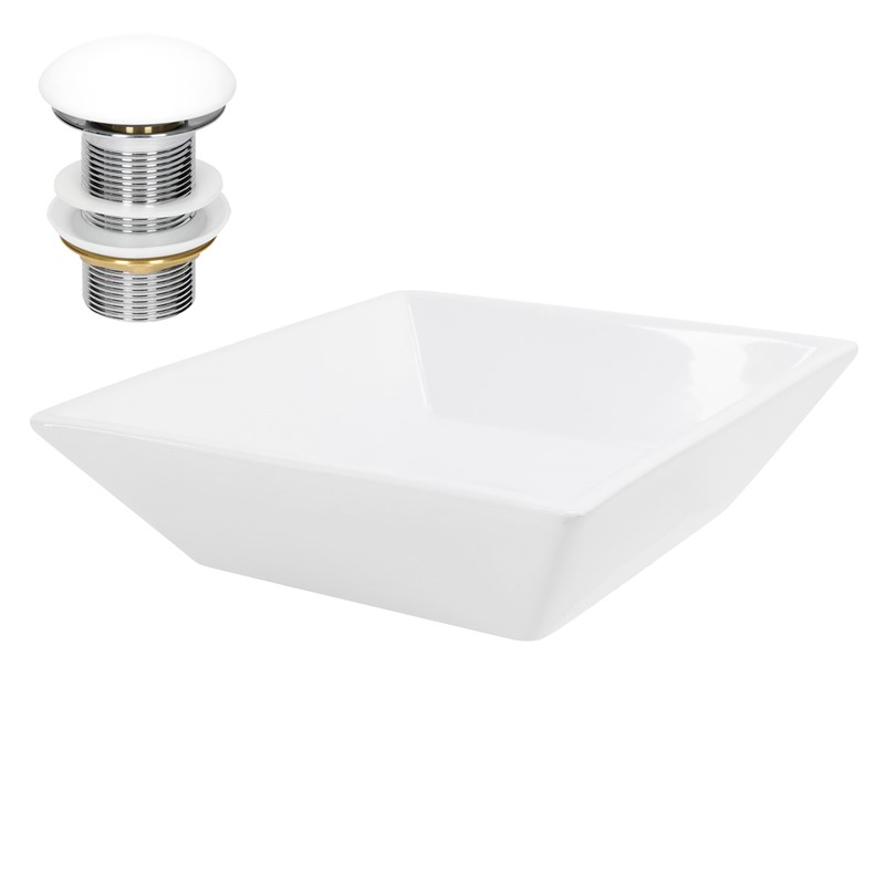 Waschbecken inkl. Ablaufgarnitur Weiß ohne Überlauf 41x41x12 cm Weiß aus Keramik LuxeBath