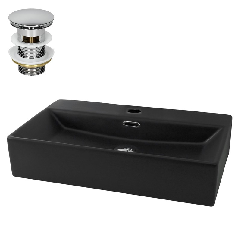 Waschbecken inkl. Ablaufgarnitur Silber mit Überlauf 60,5x36,5x13 cm Schwarz aus Keramik LuxeBath Waschbecken inkl. Ablaufgarnitur Silber mit Überlauf 60,5x36,5x13 cm Schwarz aus Keramik LuxeBath