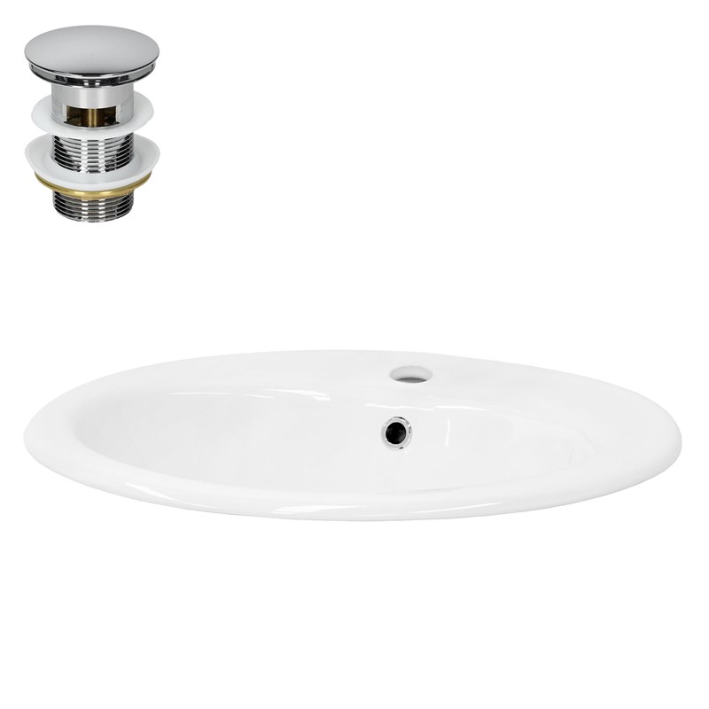Waschbecken inkl. Ablaufgarnitur Silber mit Überlauf 57x48,5x19,5 cm Weiß aus Keramik LuxeBath