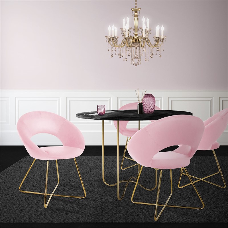Esszimmerstuhl mit runder offener Rückenlehne Rosa aus Samt mit goldenen Metallbeinen ML-Design