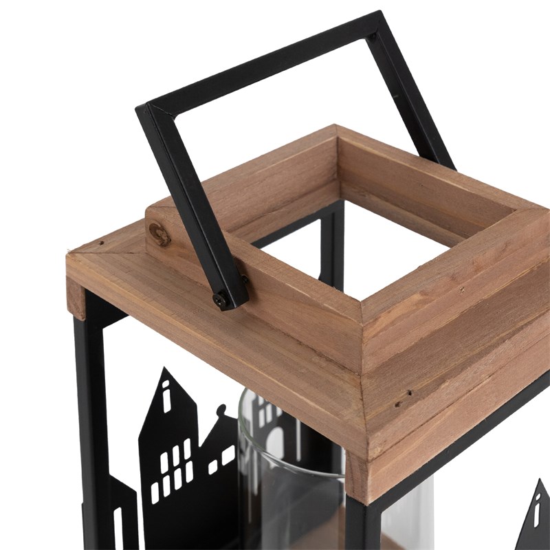 Holzlaterne für Teelichter, Kerzen mit Stadtskyline und Henkel aus Holz und Metall