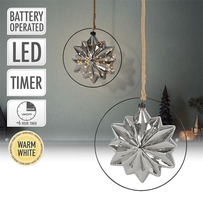 LED Weihnachtsstern Ø18 cm Grau aus Metall mit warmweißen LEDs LED Weihnachtsstern Ø18 cm Grau aus Metall mit warmweißen LEDs