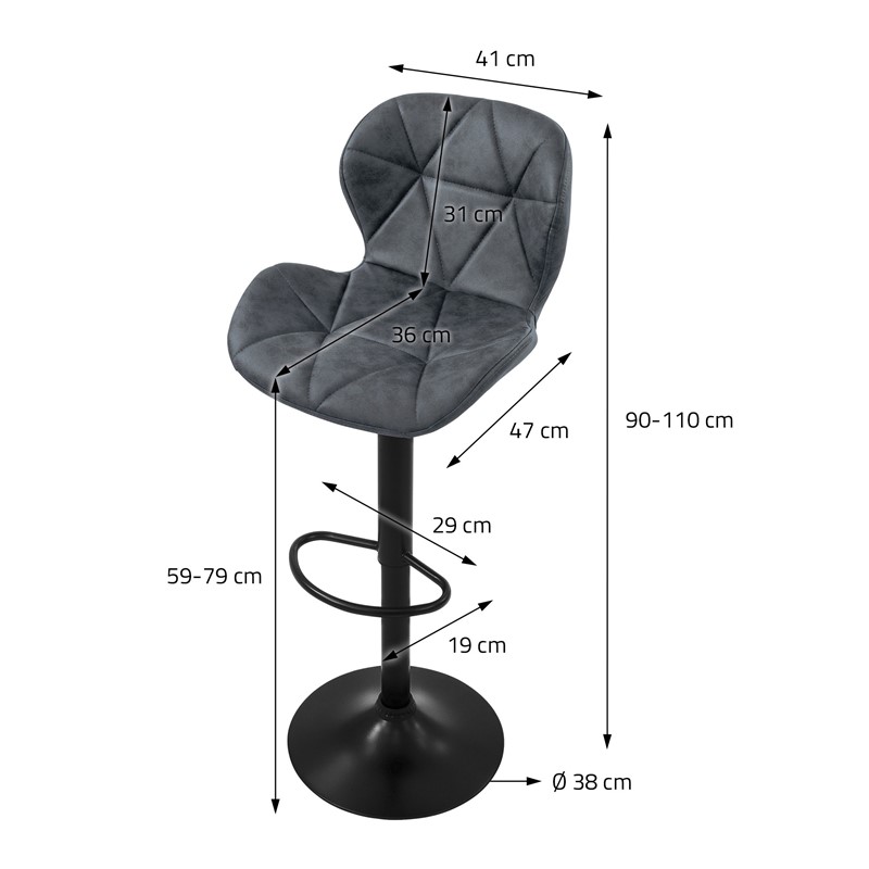 Barhocker 2er Set Anthrazit Kunstlederbezug mit Rückenlehne und Fußstütze höhenverstellbar 59-79cm ML-Design