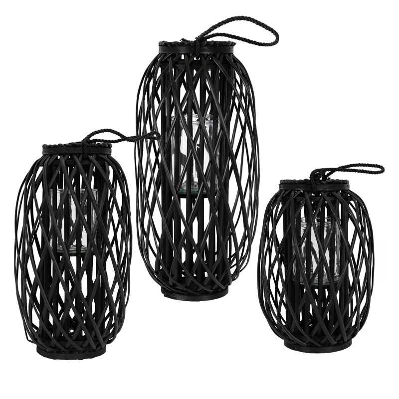 Riedlaterne mit Henkel 3er Set 40cm 50cm & 60cm Schwarz Gartenlaterne aus umweltfreundlichem Rattan
