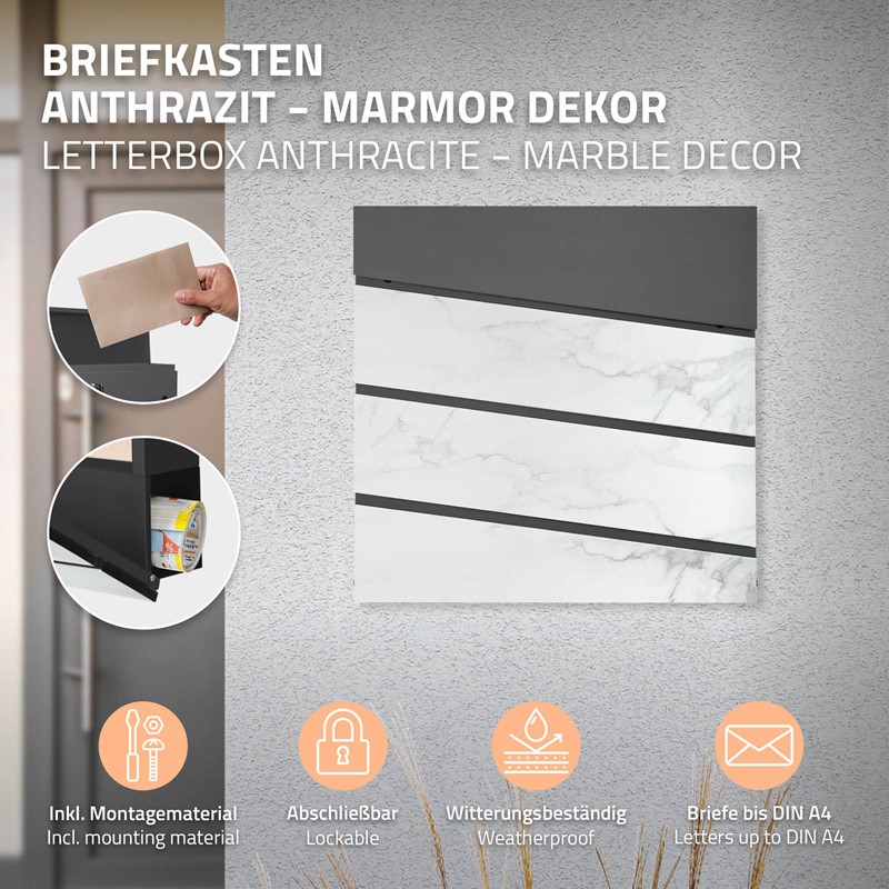 Standbriefkasten mit Zeitungsfach 37x37x11 cm Anthrazit/Weiß-Marmoroptik aus Stahl ML-Design, Modernes Diagonales Design, Standhöhe 120 cm Silber