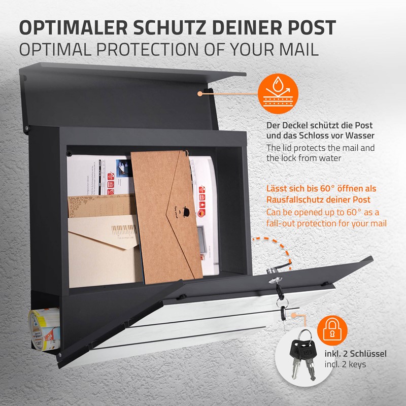 Standbriefkasten mit Zeitungsfach 37x37x11 cm Anthrazit/Weiß-Marmoroptik aus Stahl ML-Design, Modernes Diagonales Design, Standhöhe 120 cm Silber