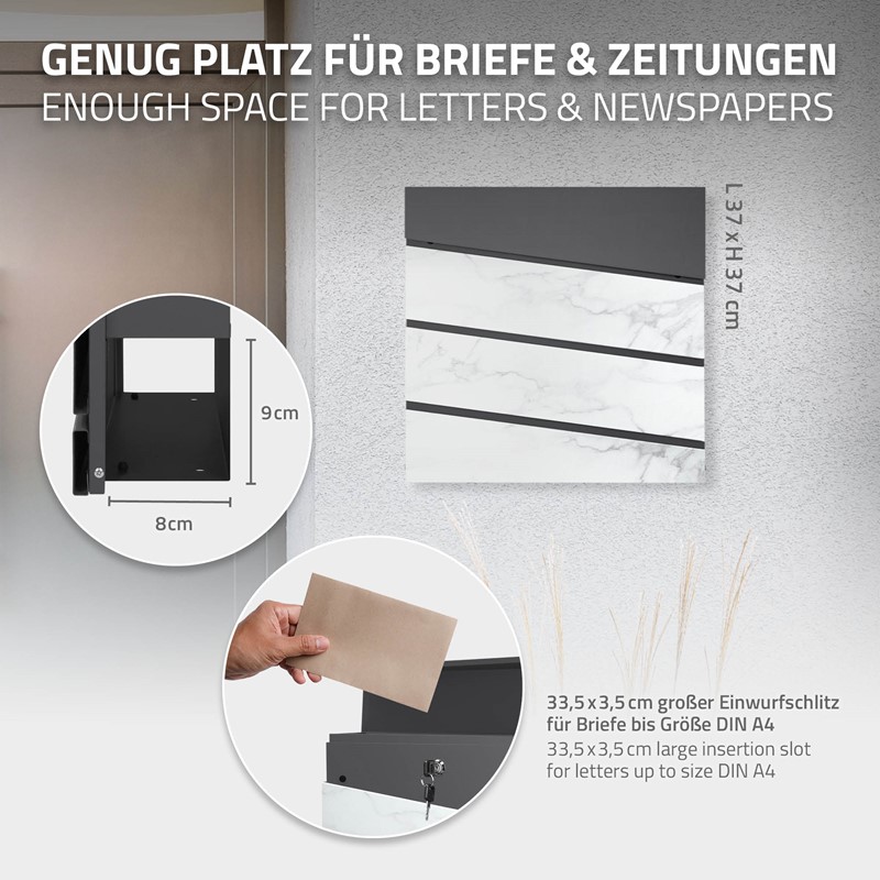 Standbriefkasten mit Zeitungsfach 37x37x11 cm Anthrazit/Weiß-Marmoroptik aus Stahl ML-Design, Modernes Diagonales Design, Standhöhe 120 cm Silber