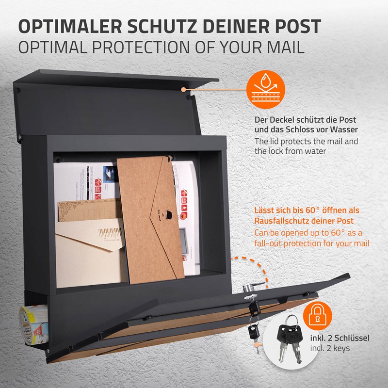 Standbriefkasten mit Zeitungsfach 37x37x11 cm Anthrazit/Holzoptik aus Stahl ML-Design, Modernes Horizontales Design Standhöhe 120cm Silber