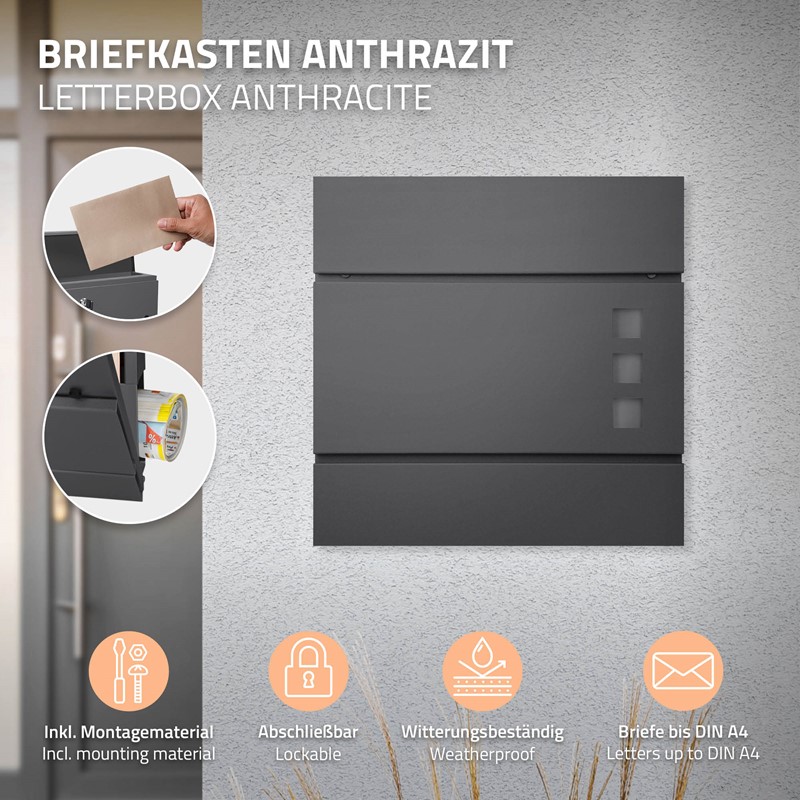Standbriefkasten mit Zeitungsfach 37 cm Anthrazit inkl. Ständer 120 cm hoch Silber Briefkasten freistehend