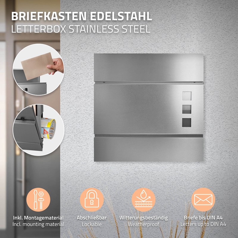 Standbriefkasten mit Zeitungsfach 37x36,5x10,5 cm Silber aus Stahl