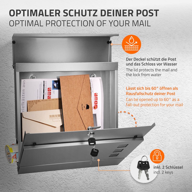 Standbriefkasten mit Zeitungsfach 37x36,5x10,5 cm Silber aus Stahl