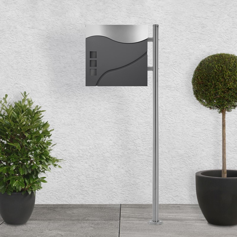 Standbriefkasten mit Zeitungsfach 37 cm Anthrazit/Silber inkl. Ständer 120 cm hoch Silber Briefkasten freistehend Standbriefkasten mit Zeitungsfach 37 cm Anthrazit/Silber inkl. Ständer 120 cm hoch Silber Briefkasten freistehend