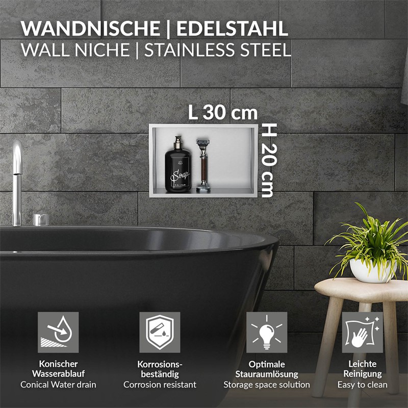 Duschnische 30x20 cm Silber aus Edelstahl Wandnische Duschablage LuxeBath