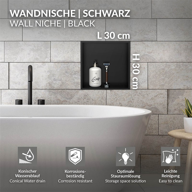 Duschnische 30x30 cm Schwarz aus Edelstahl Wandnische Duschablage LuxeBath