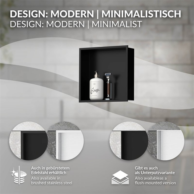 Duschnische 30x30 cm Schwarz aus Edelstahl Wandnische Duschablage LuxeBath