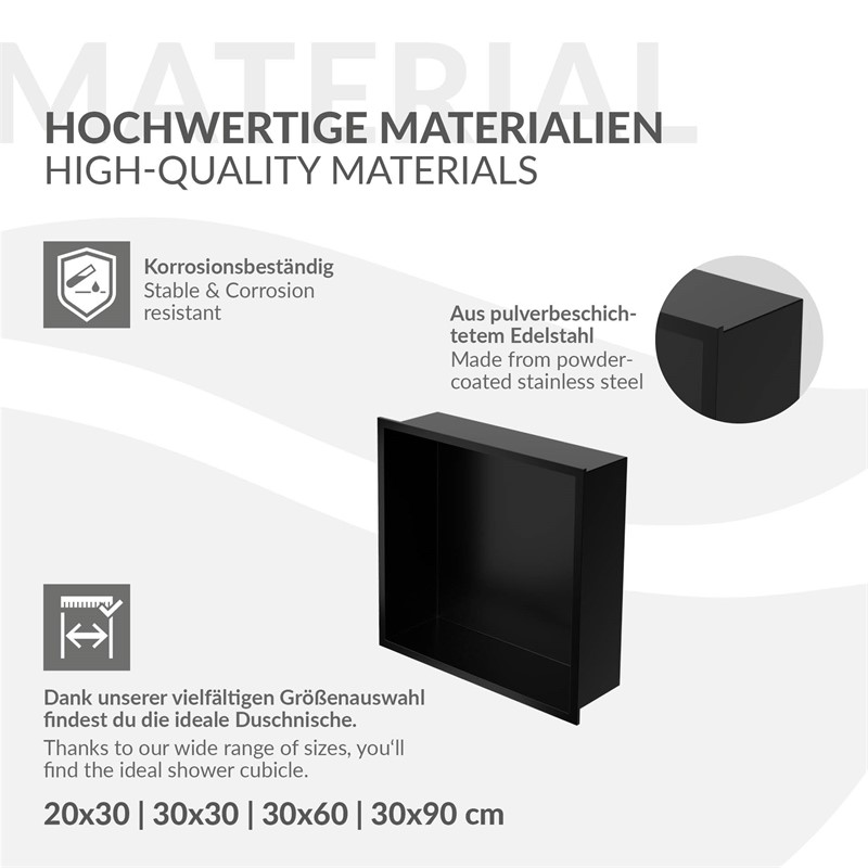 Duschnische 30x30 cm Schwarz aus Edelstahl Wandnische Duschablage LuxeBath