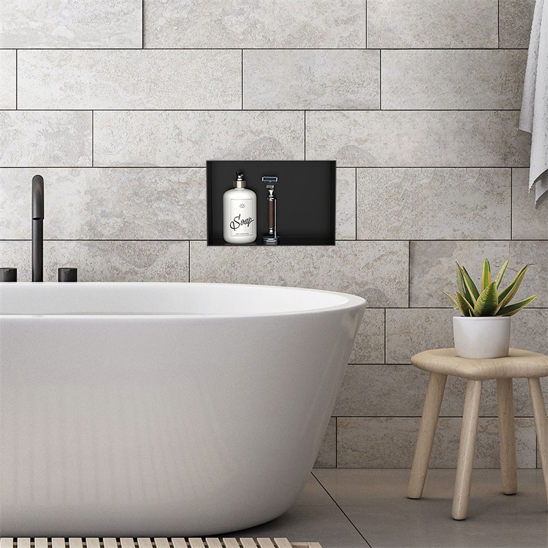 Duschnische 30x20 cm Schwarz aus Edelstahl Unterputz Rahmen Wandnische Duschablage LuxeBath