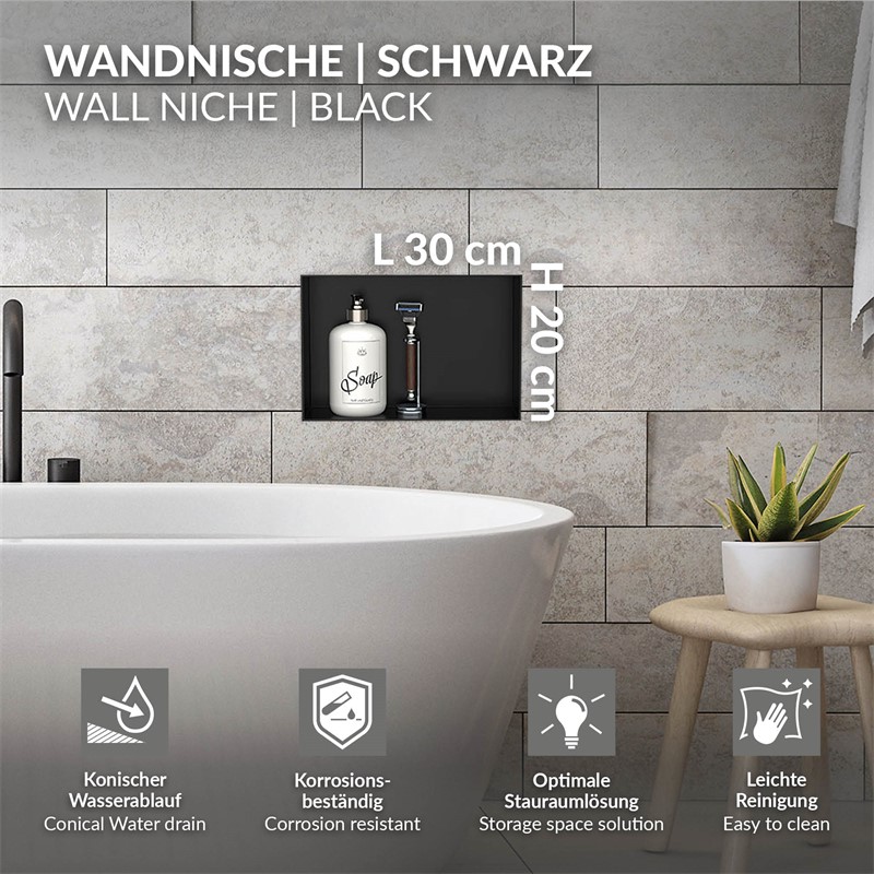 Duschnische 30x20 cm Schwarz aus Edelstahl Unterputz Rahmen Wandnische Duschablage LuxeBath