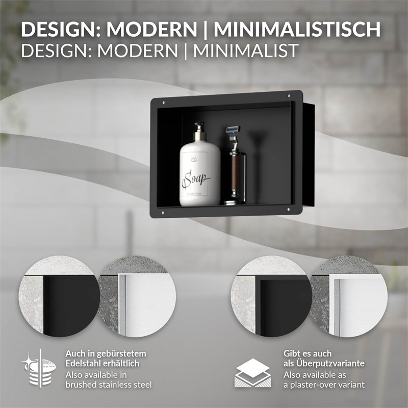 Duschnische 30x20 cm Schwarz aus Edelstahl Unterputz Rahmen Wandnische Duschablage LuxeBath