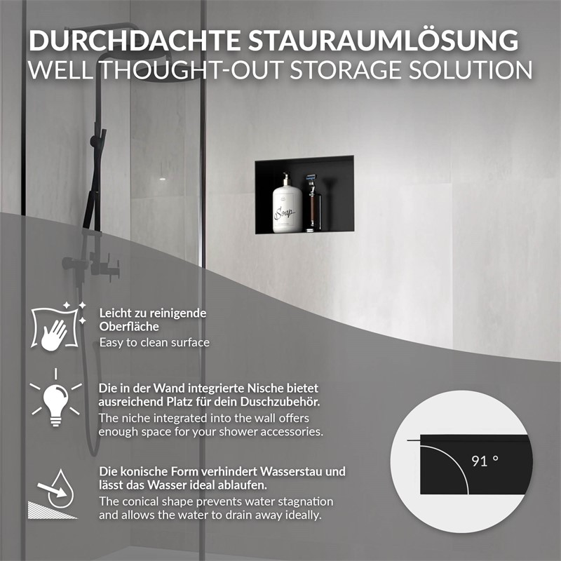Duschnische 30x20 cm Schwarz aus Edelstahl Unterputz Rahmen Wandnische Duschablage LuxeBath