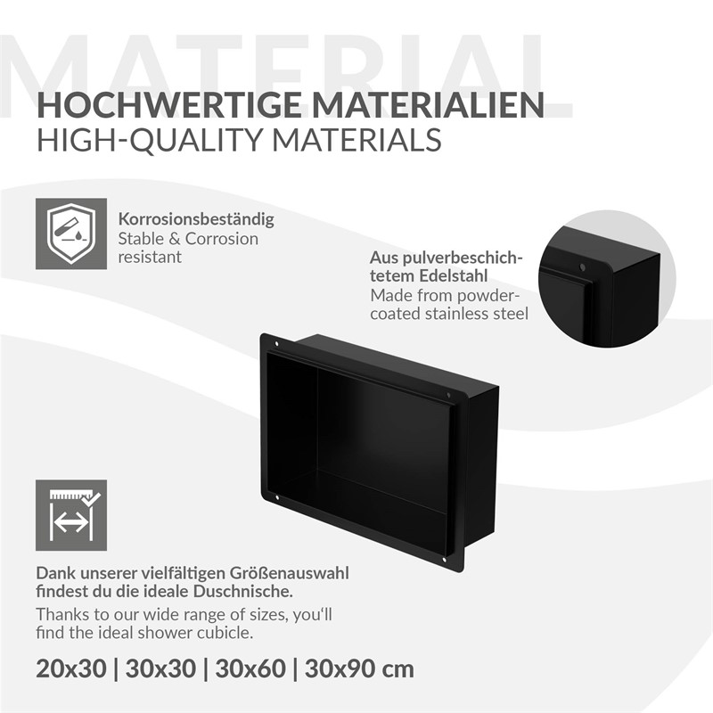 Duschnische 30x20 cm Schwarz aus Edelstahl Unterputz Rahmen Wandnische Duschablage LuxeBath