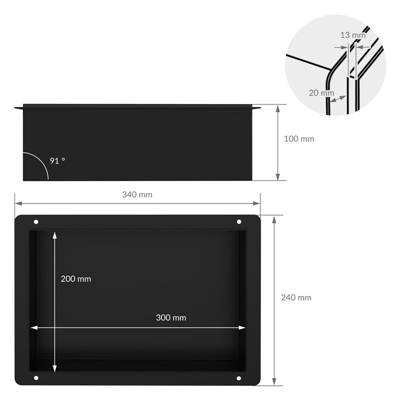 Duschnische 30x20 cm Schwarz aus Edelstahl Unterputz Rahmen Wandnische Duschablage LuxeBath