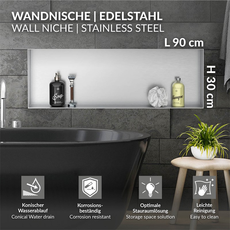 Duschnische 90x30 cm Silber aus Edelstahl Unterputz Rahmen Wandnische Duschablage LuxeBath