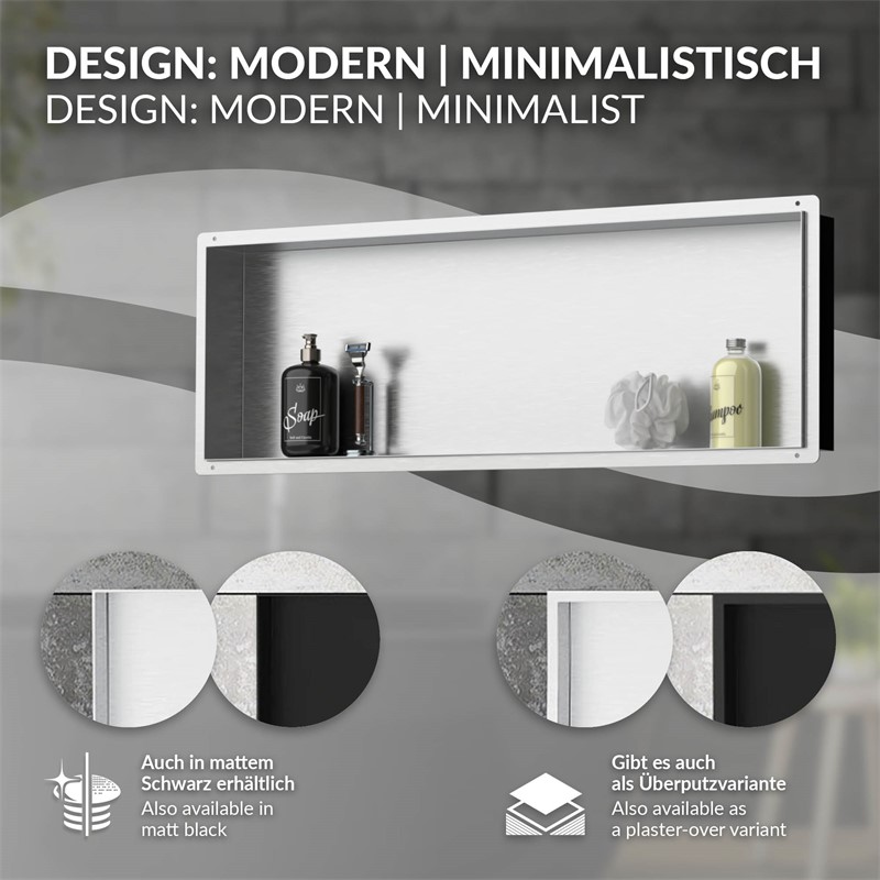 Duschnische 90x30 cm Silber aus Edelstahl Unterputz Rahmen Wandnische Duschablage LuxeBath